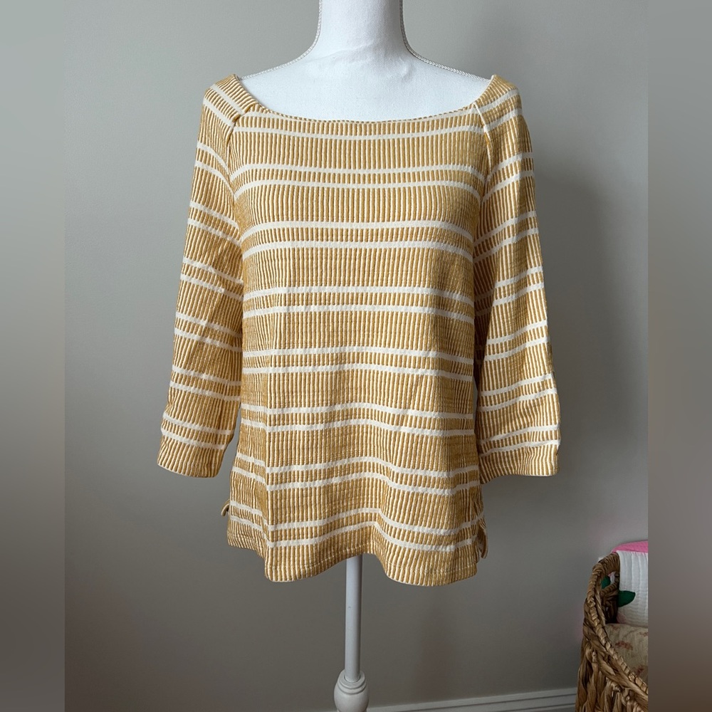 Anthropologie Postmark Mustard Yellow Striped 3/4 Bell Sleeve Blouse Medium